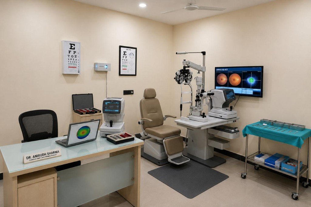 Advanced ophthalmology consultation room with diagnostic equipment at CVRC Delhi
